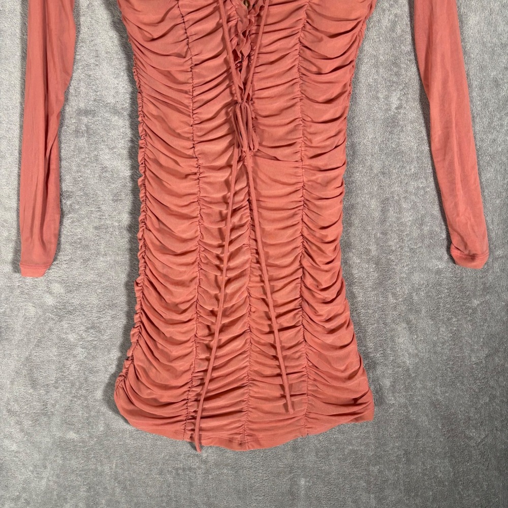 Majorelle Mini Jardin Dress Size S Pink Ruched Mesh Lace Up Long Sleeve Bodycon - Picture 7 of 14